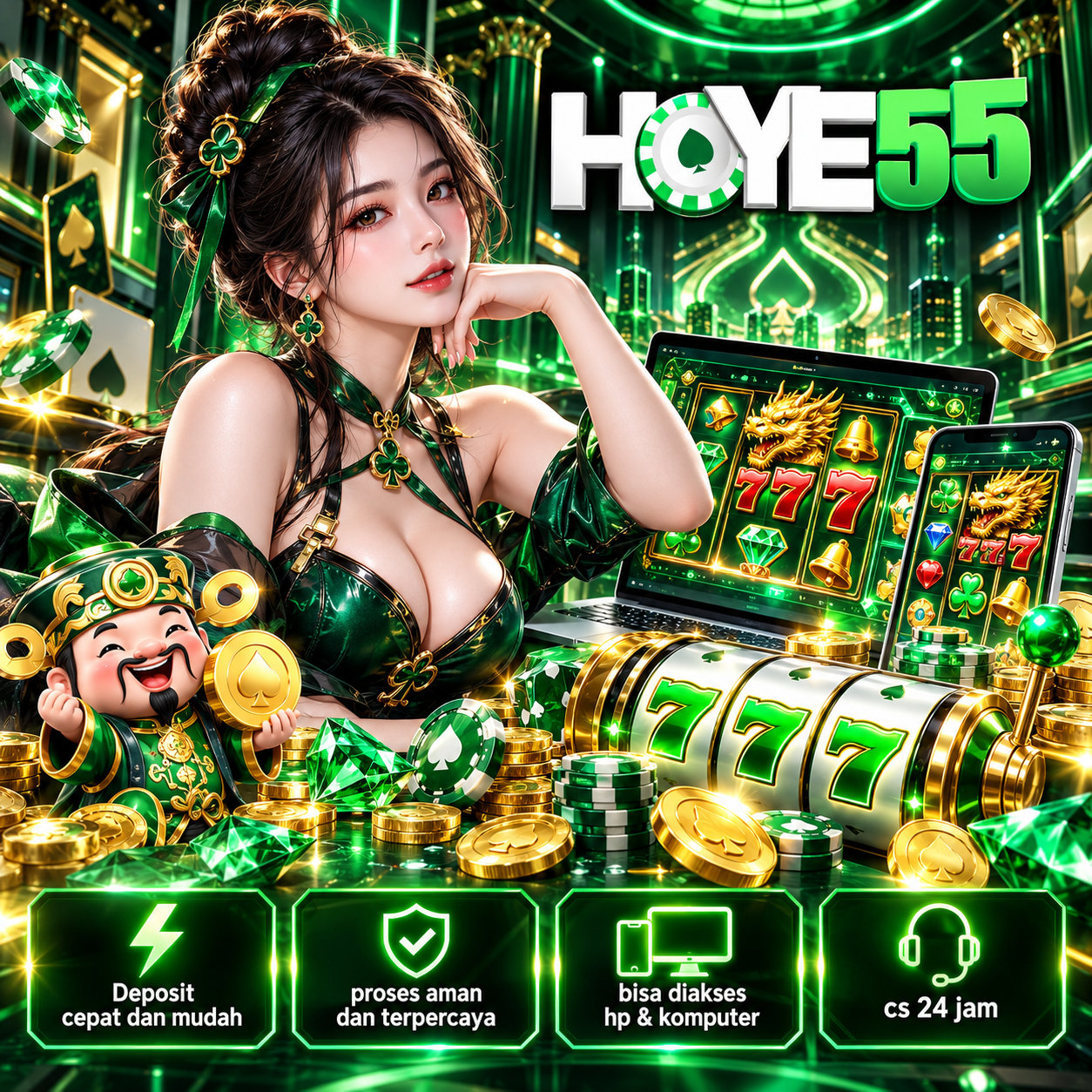 Poster HOYE55 menampilkan figur perempuan serta ilustrasi game pada laptop dan ponsel